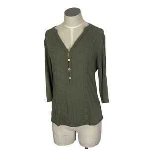 Democracy XS Sage Green Top Festival Boho Cottagecore 3/4 Sleeves Embroidered
